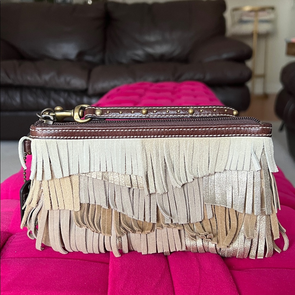 Coach Fringe Wristlet in Brown, Beige & Gold - Picture 2 of 13
